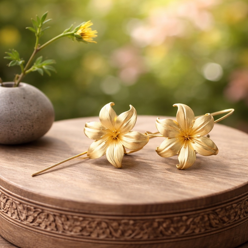 New Large Lily Flower 18k Gold Vermeil Earrings, Satin Finish, 30th Anniversary